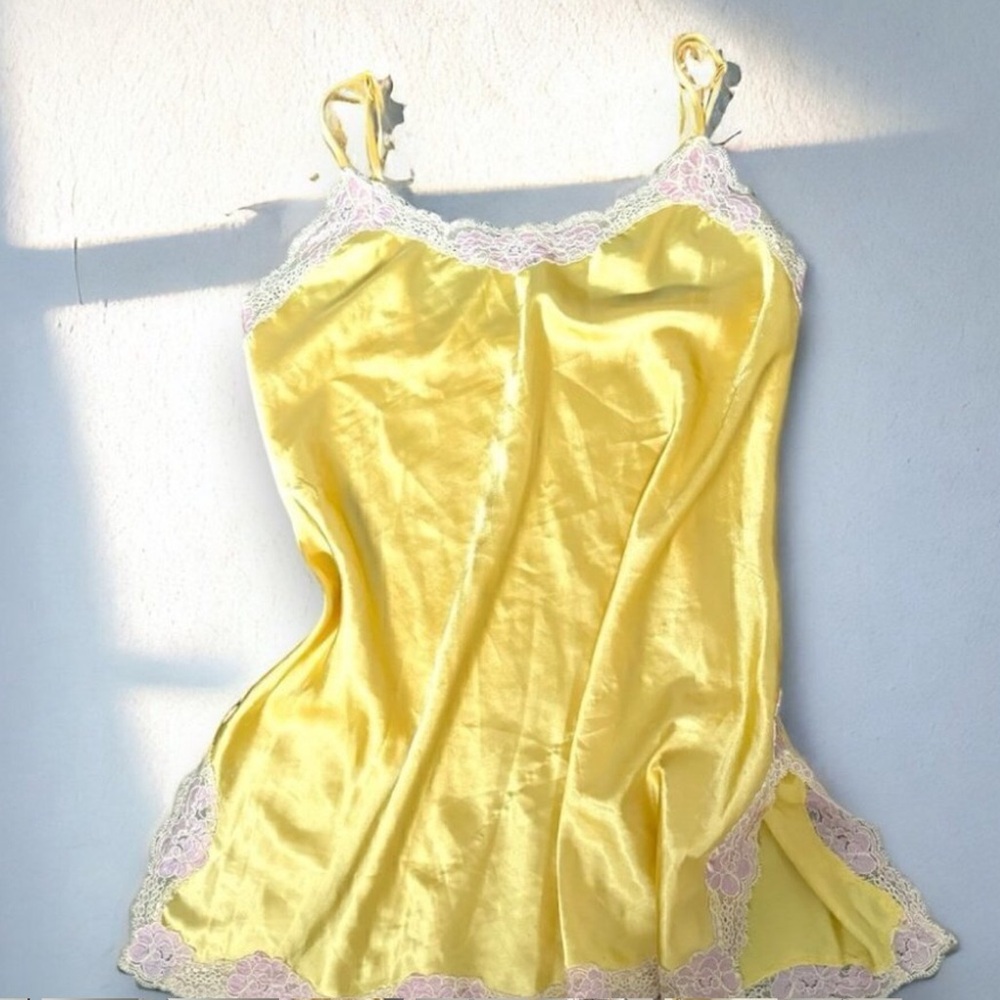 Y2K Victoria secret yellow satin and  baby pink lace slip dress M